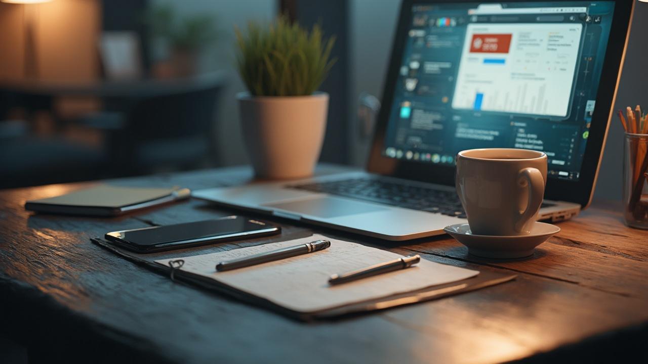 Un bureau de travail avec un ordinateur portable, un téléphone, des stylos et une tasse de café.