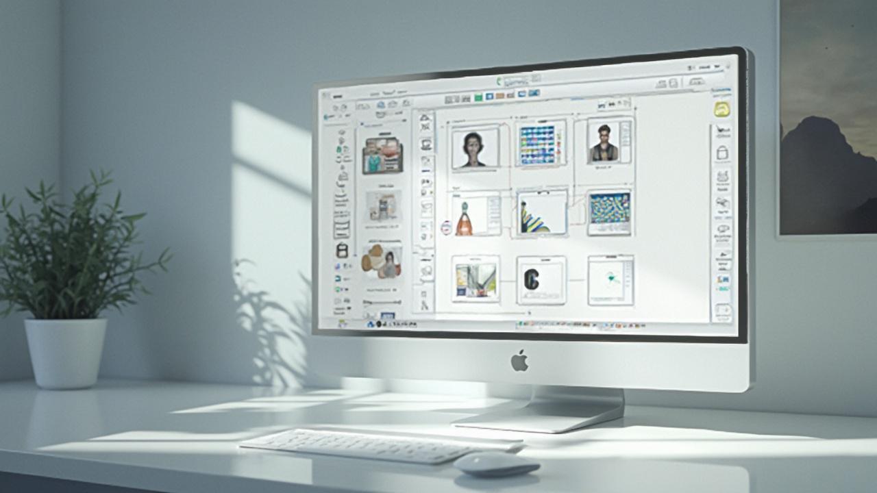 Image d'un bureau de travail avec un ordinateur iMac affichant un logiciel de conception graphique.