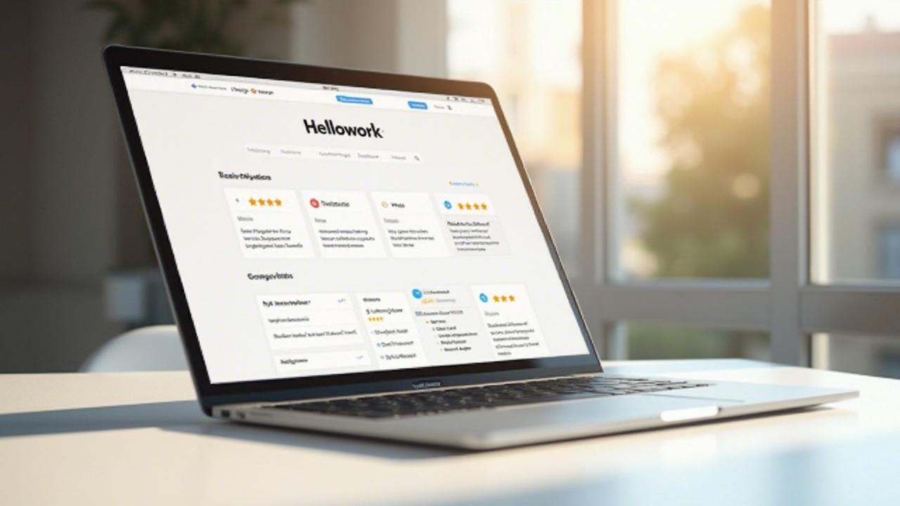 Écran d'ordinateur portable affichant la plateforme Hellowork pour l'emploi.