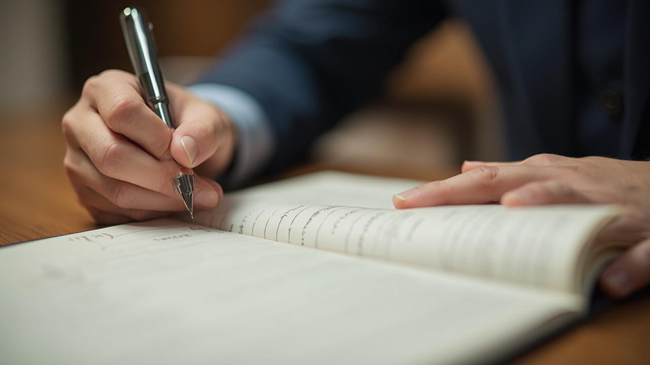 Gros plan des mains d'une personne écrivant soigneusement dans un cahier ouvert.