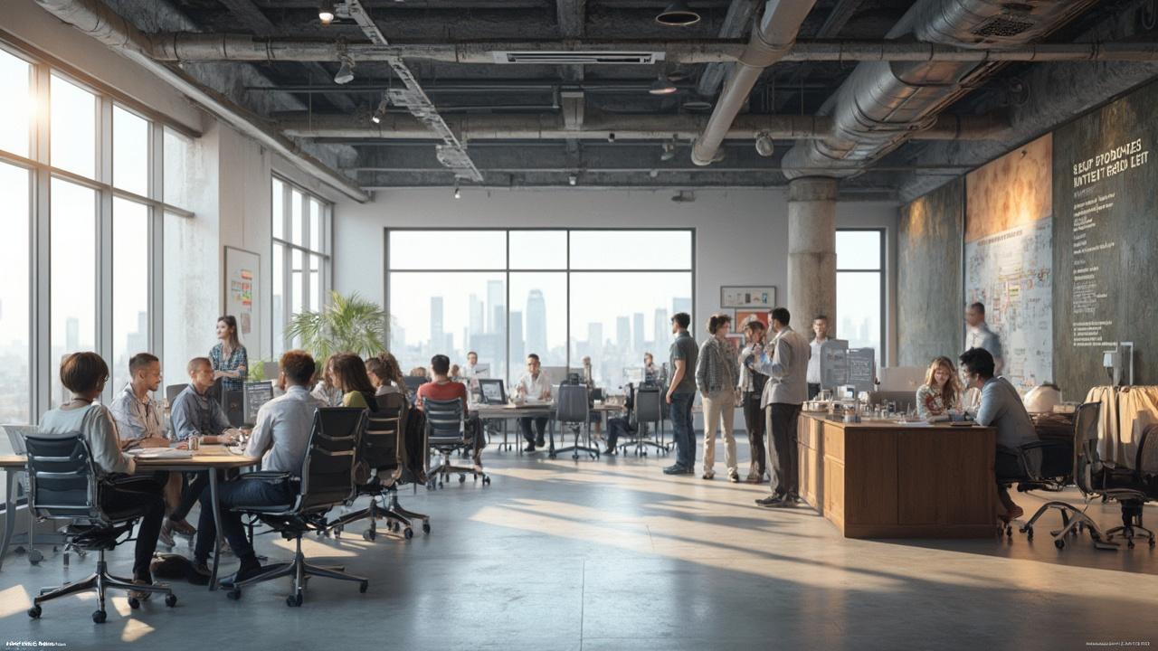 Intérieur d'un bureau open space avec des employés en discussion