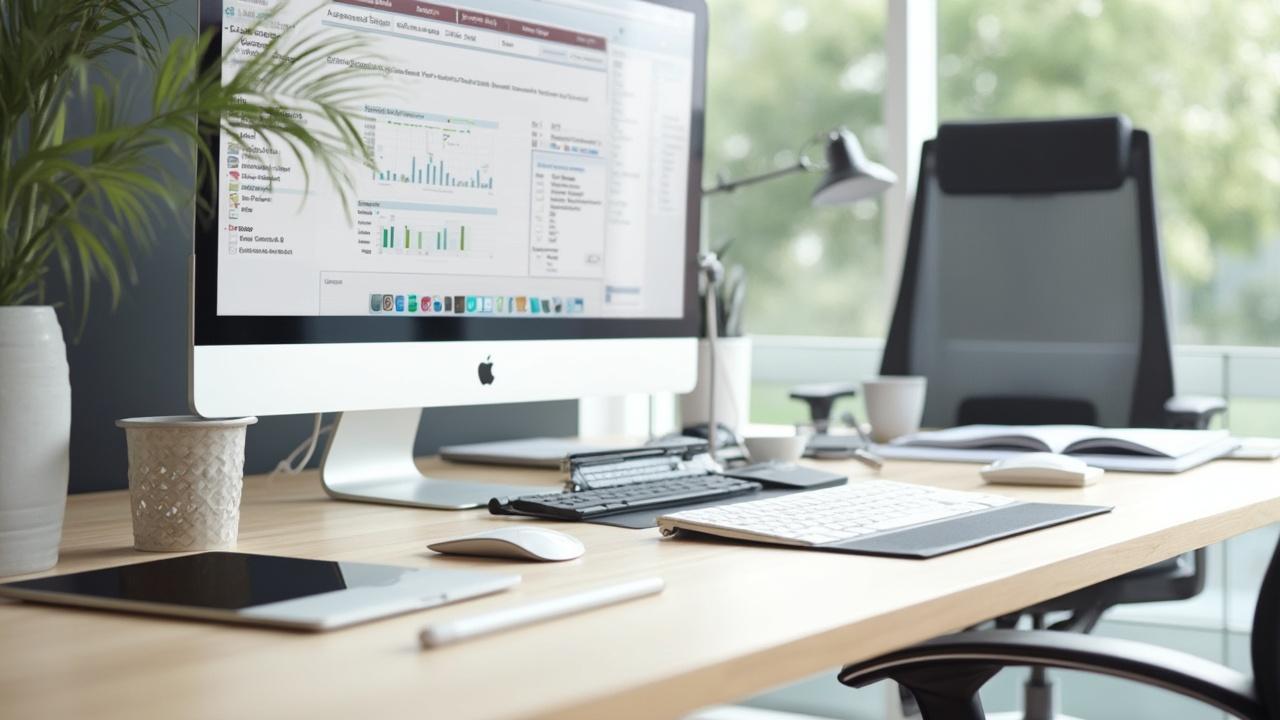 Bureau avec ordinateur, clavier, souris et accessoires de bureau