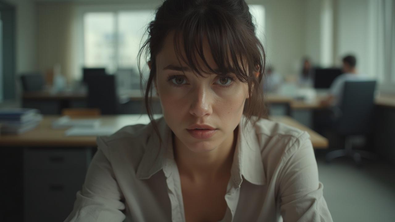 Une femme pensive assise dans un bureau, avec un regard intense et concentré.