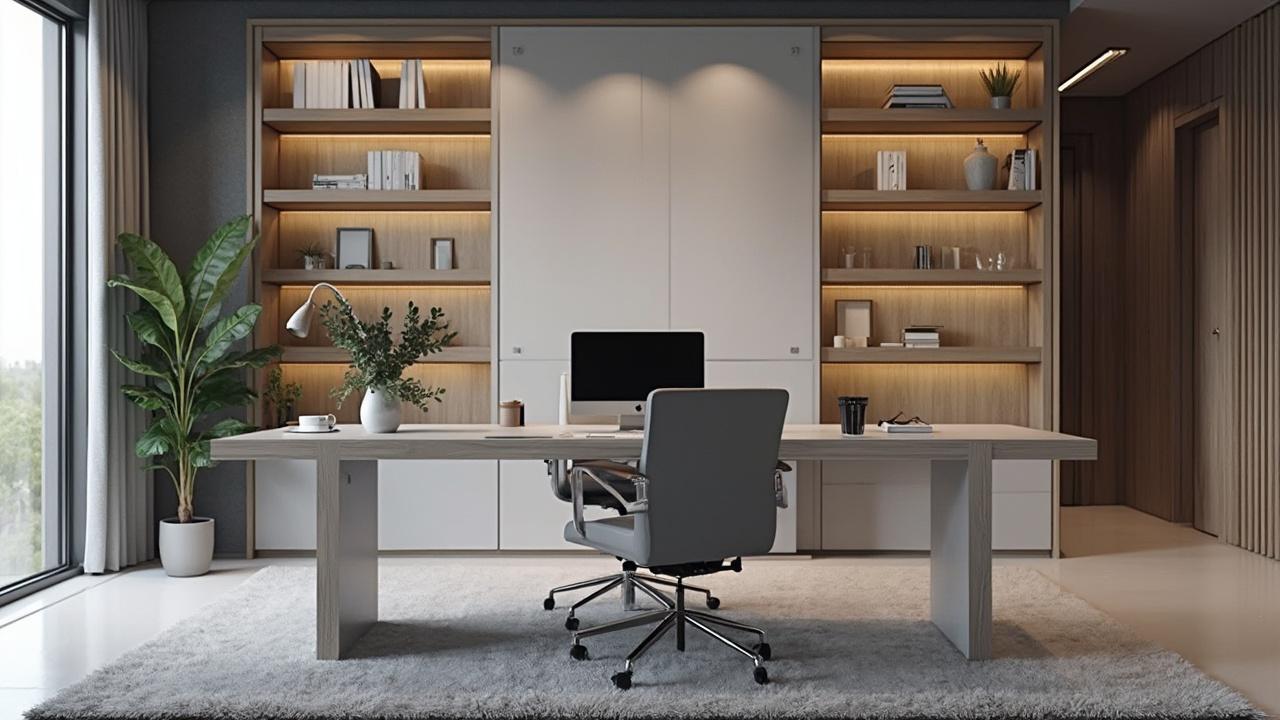 Intérieur d'un bureau design avec étagères, plantes et ordinateur sur un bureau gris.