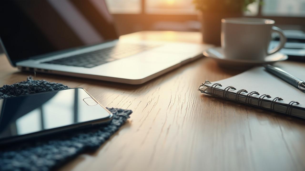 Bureau avec ordinateur portable, bloc-notes, tasse de café et smartphone