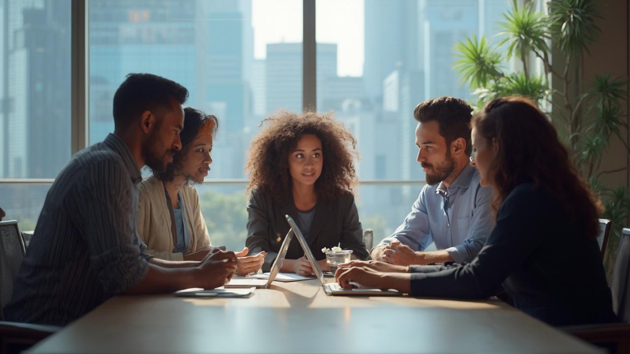 Groupe de personnes de différentes origines ethniques discutant autour d'une table de réunion