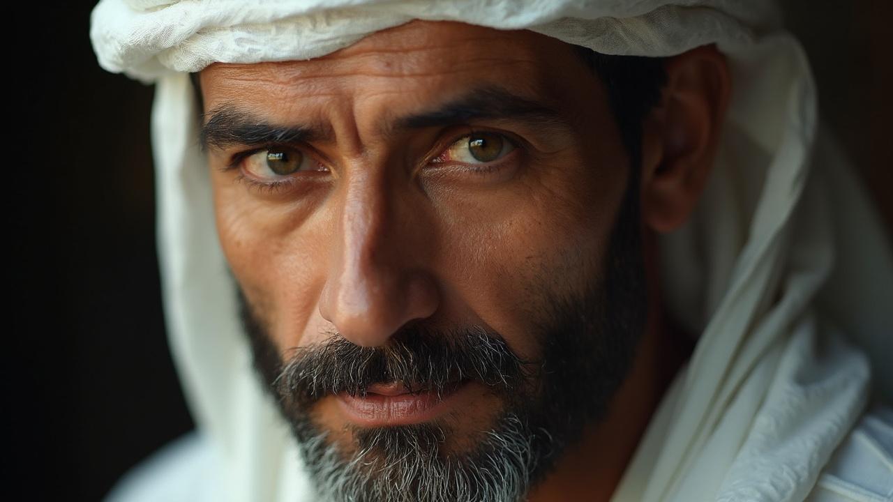 Gros plan sur le visage barbu et les yeux perçants d'un homme arabe.