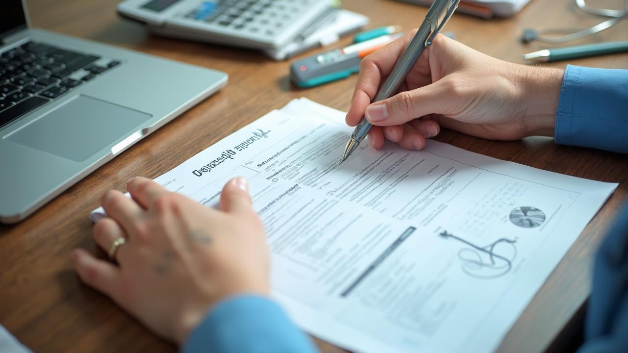 Personne remplissant un formulaire de bénéfice sur un bureau avec ordinateur