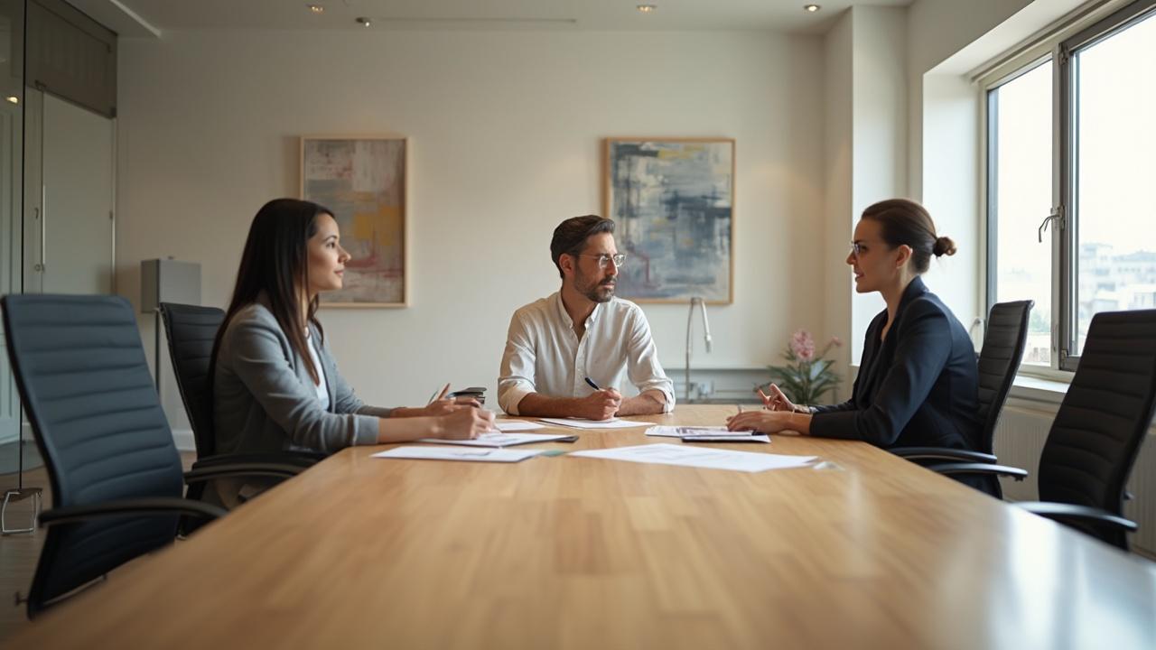 Trois personnes en costume assis autour d'une table de conférence dans un bureau moderne