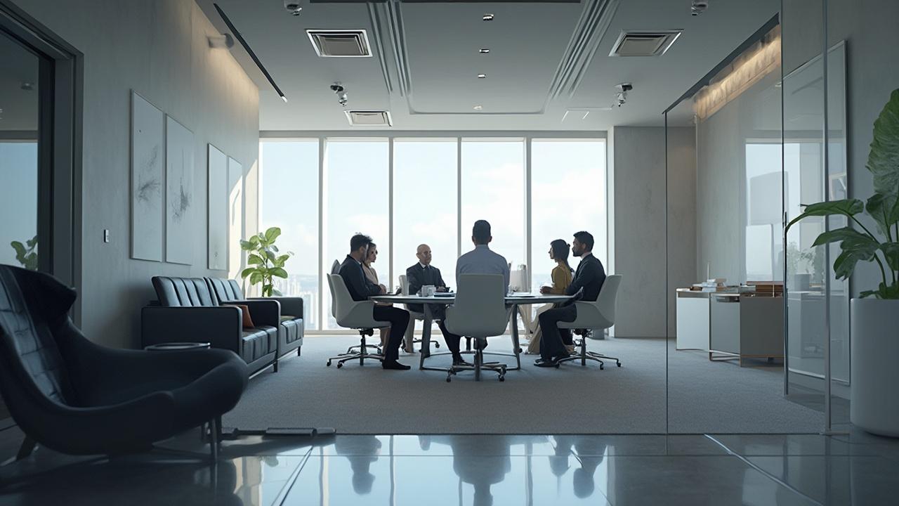 Groupe de personnes en costume autour d'une table de réunion dans un bureau moderne