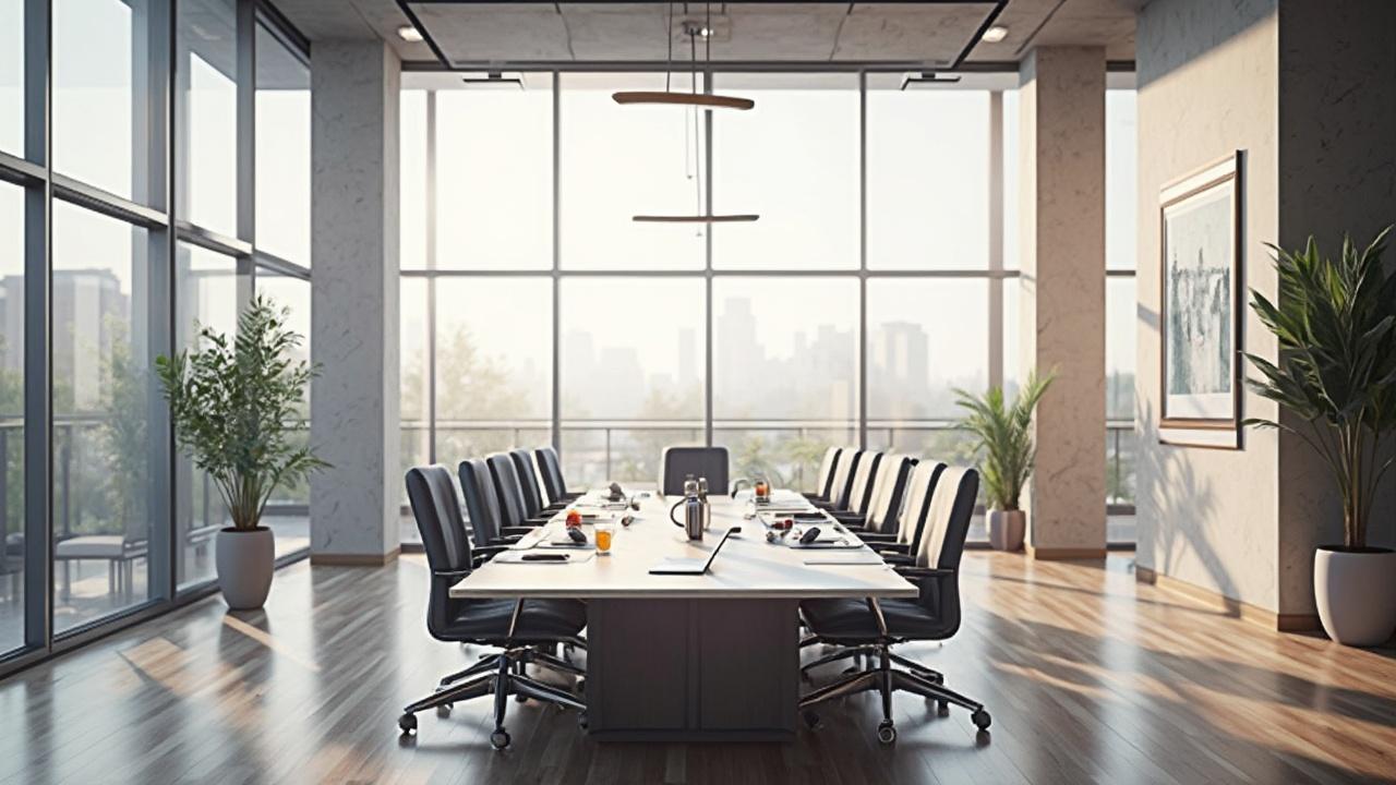 Intérieur d'un bureau avec une grande table de conférence, des fauteuils noirs et de grandes fenêtres offrant une vue sur la ville.