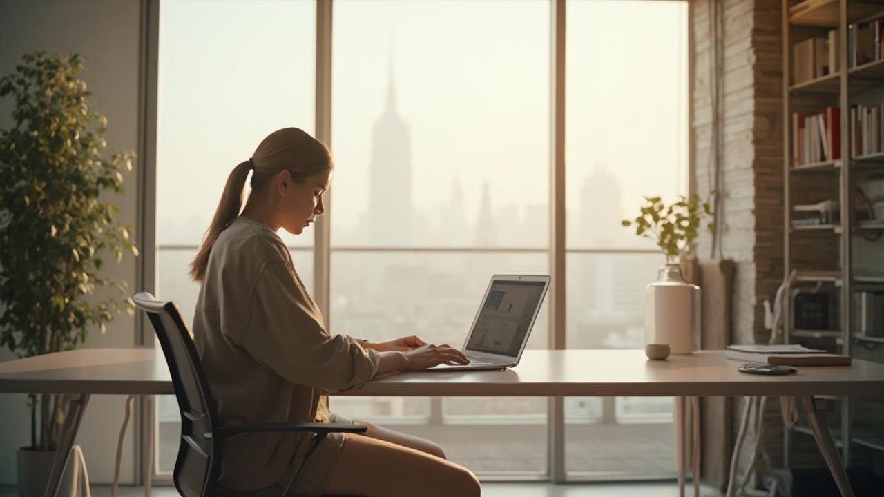 Une femme concentrée sur son ordinateur dans un bureau lumineux