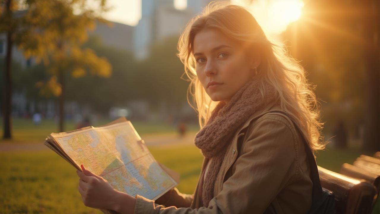 Une femme aux cheveux blonds regarde pensivement une carte dans un parc automnal