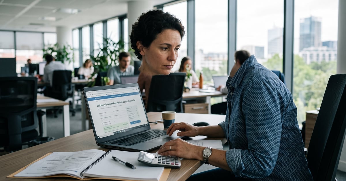 Calculer indemnité rupture conventionnelle : documents et calculatrice sur un bureau professionnel