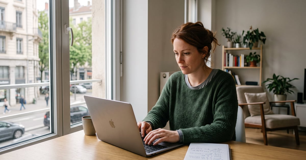 Personne en télétravail à son bureau à domicile, ordinateur ouvert, emploi à distance