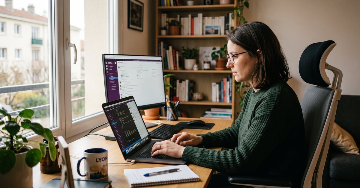 Professionnel en télétravail concentré sur son ordinateur depuis un espace de travail à domicile