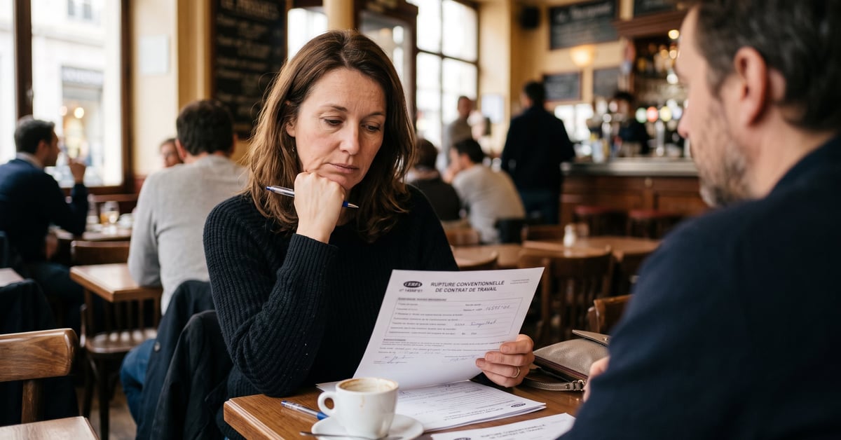 Salarié et employeur signant un accord de rupture conventionnelle de contrat de travail