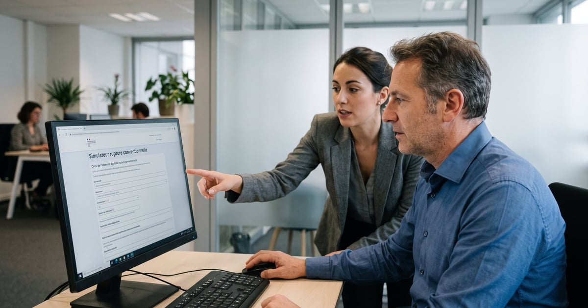 Simulateur rupture conventionnelle : calcul d'indemnité sur ordinateur portable au bureau