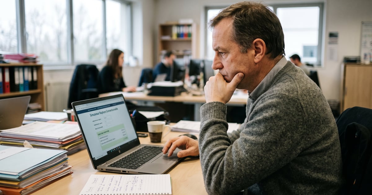 Simulateur rupture conventionnelle : calcul indemnité et impôts sur ordinateur