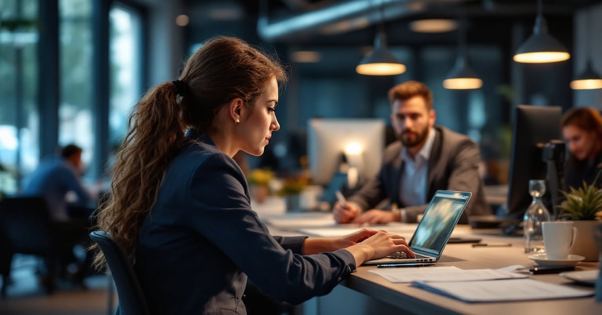 Employé en télétravail à la Société Générale, travaillant depuis son domicile avec un ordinateur portable