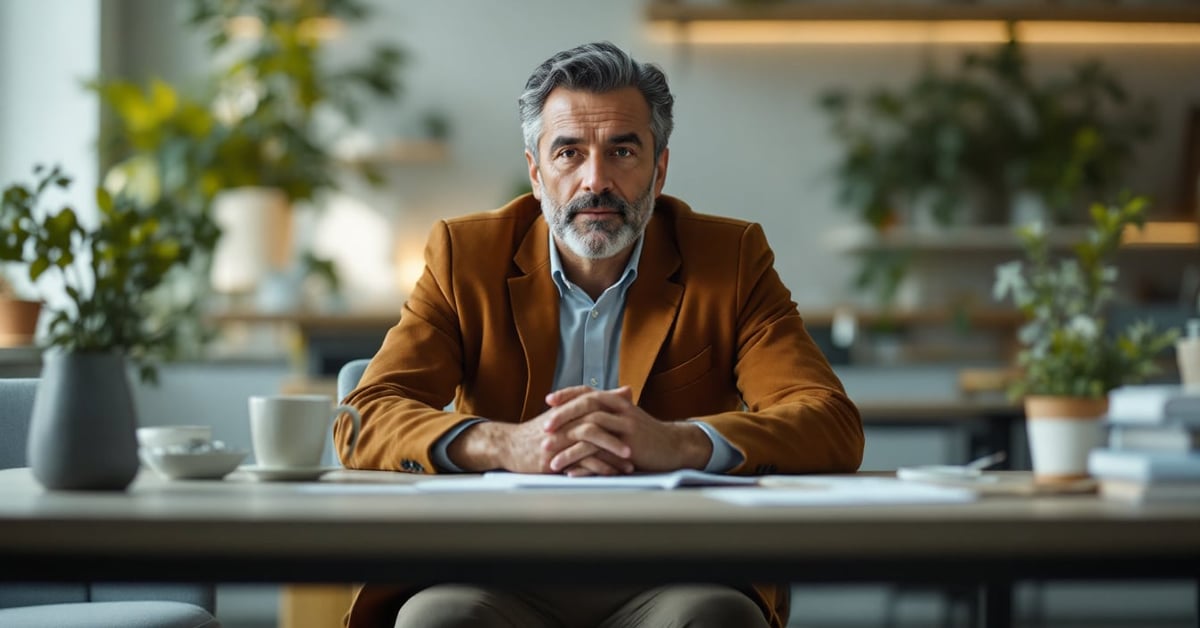 Entretien annuel d'évaluation entre un manager et un collaborateur dans un bureau moderne
