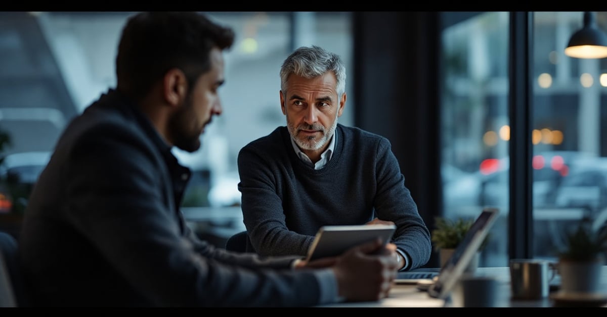 Entretien annuel obligatoire entre un manager et un employé dans un bureau moderne