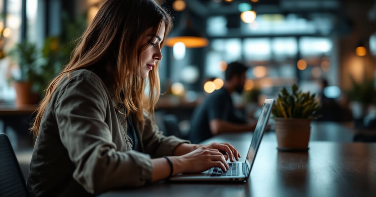 Personne en télétravail devant son ordinateur portable dans un espace de travail à domicile lumineux