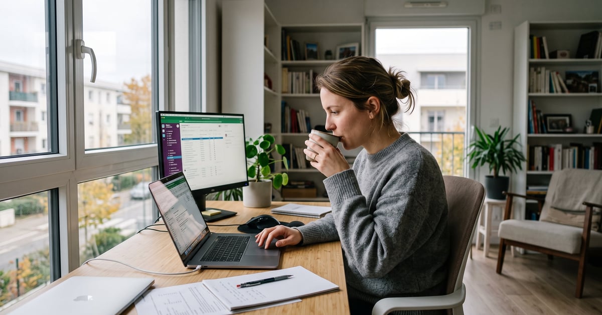 Personne en télétravail installée à un bureau moderne, travaillant sur un ordinateur portable depuis chez elle