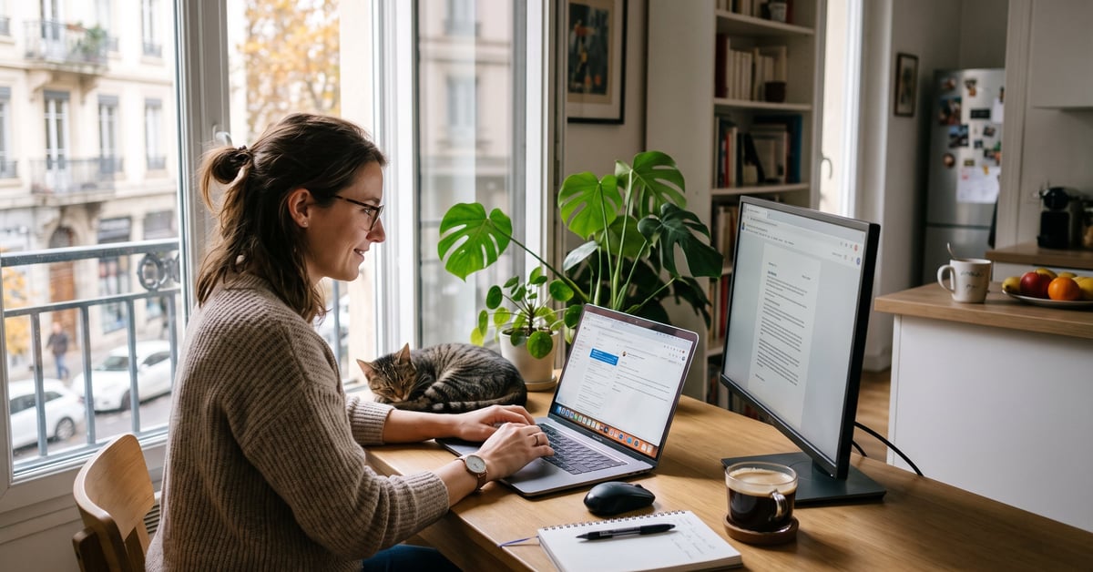 Personne en télétravail à son bureau à domicile, travaillant confortablement depuis chez elle
