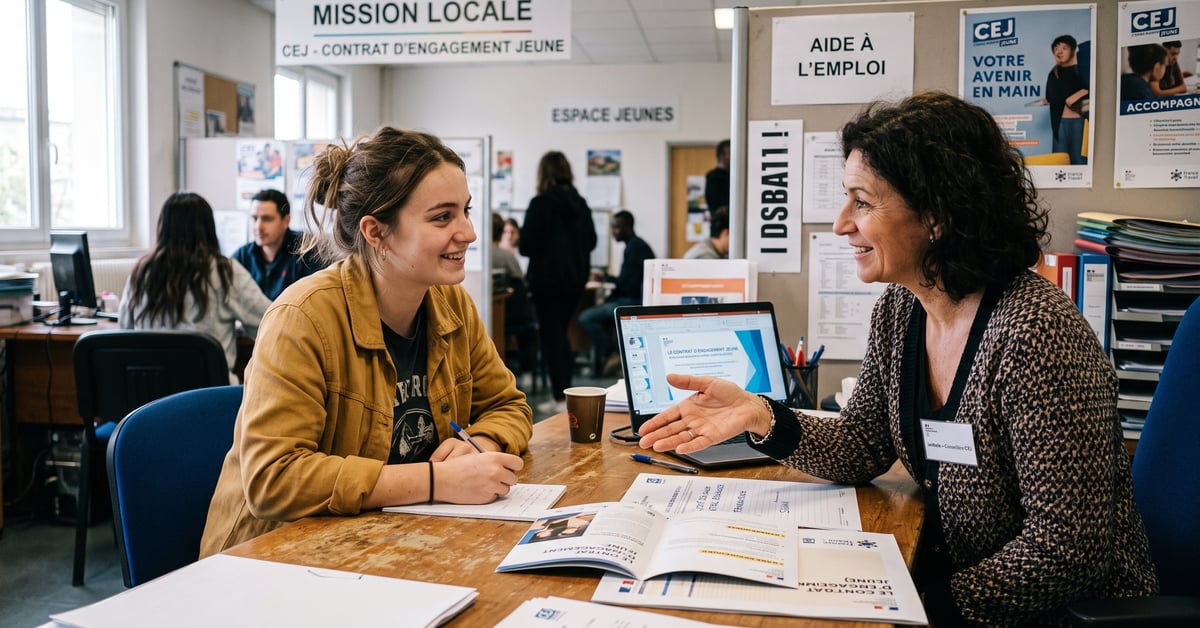 Jeune sans emploi lors d'un entretien d'accompagnement CEJ avec un conseiller Mission Locale