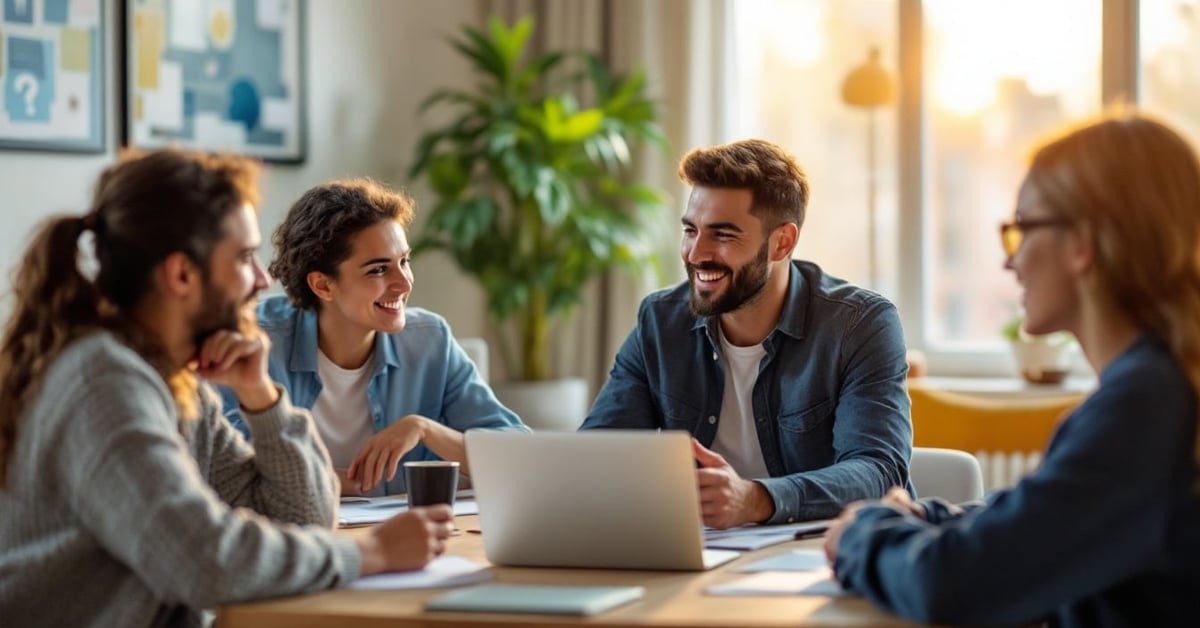 Équipe soudée travaillant ensemble autour d'une table, illustrant la cohésion d'équipe au bureau