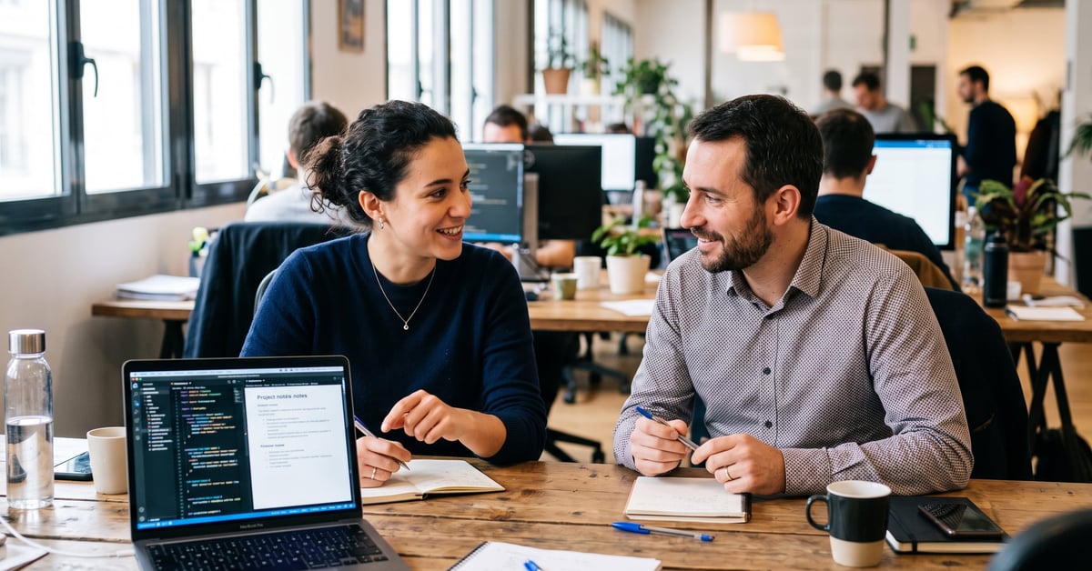 Collègues de travail en interaction au bureau, illustrant la définition et le sens du mot collègue