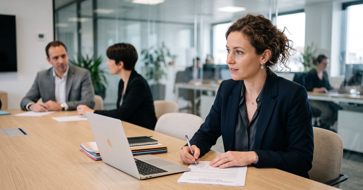 Juriste en droit des affaires travaillant sur des contrats dans un bureau moderne