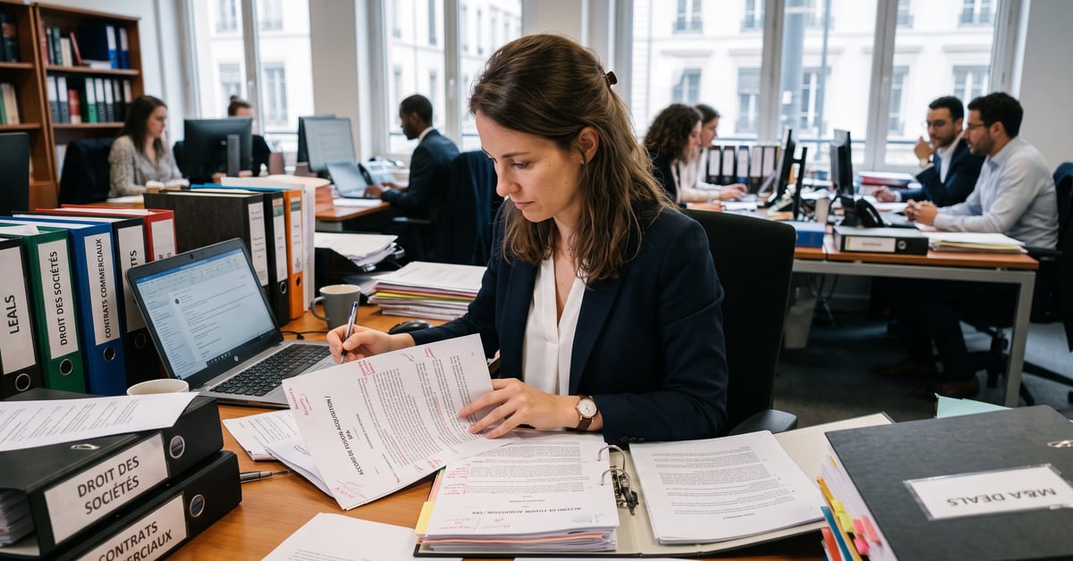 Juriste en droit des affaires analysant des contrats dans un bureau professionnel
